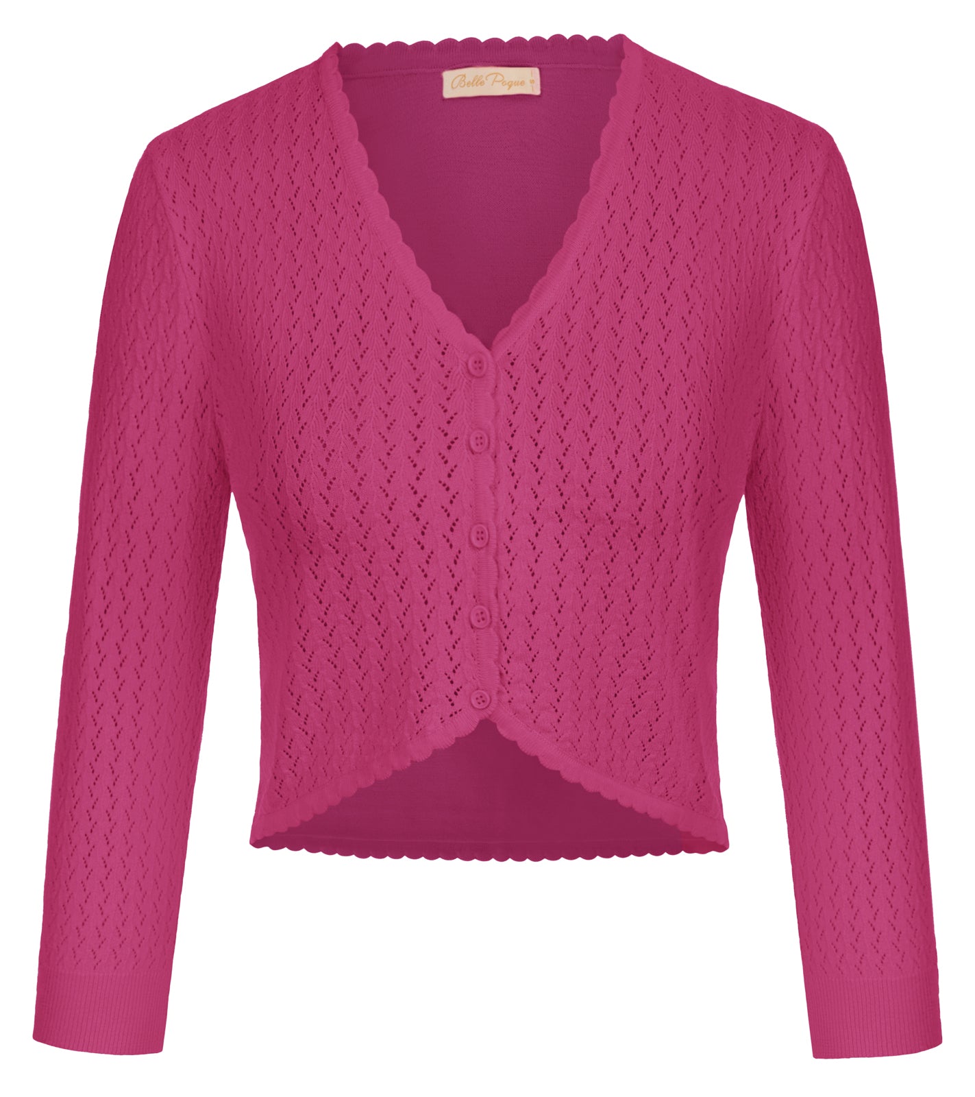 belle poque Hollowed-Out Cardigan 3/4 Sleeve V-Neck Button-up Cropped Knitwear Deep Pink