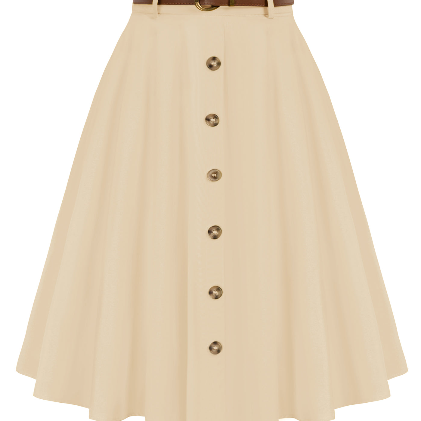 belle poque Swing Skirt with Belt Elastic High Waist Buttons Decorated Skirt Apricot