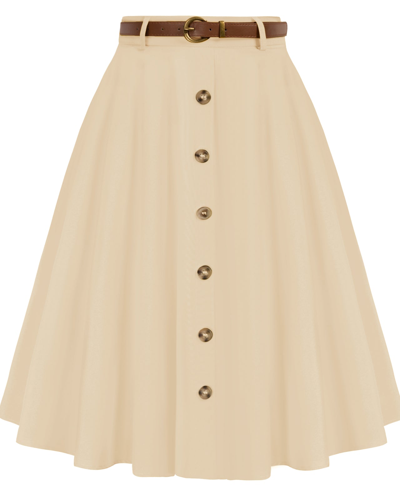 belle poque Swing Skirt with Belt Elastic High Waist Buttons Decorated Skirt Apricot