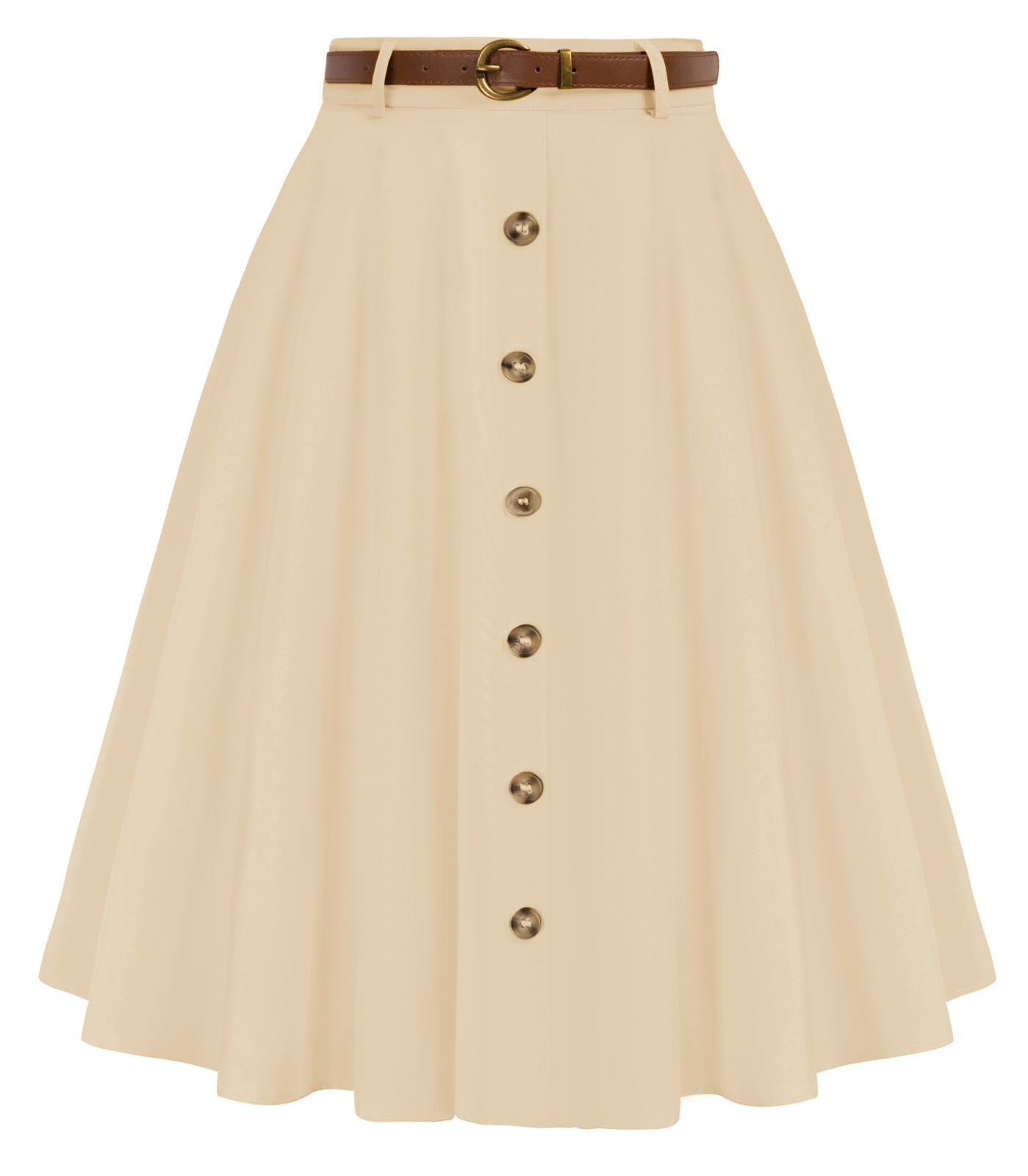 belle poque Swing Skirt with Belt Elastic High Waist Buttons Decorated Skirt Apricot
