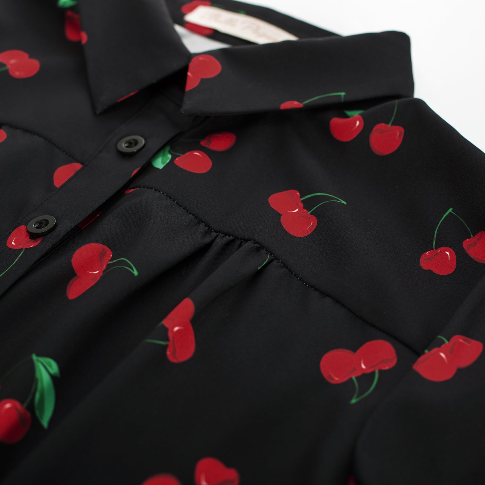 belle poque Women Retro Vintage Cherry Print Short Sleeve Square Collar Curved Hem Shirt