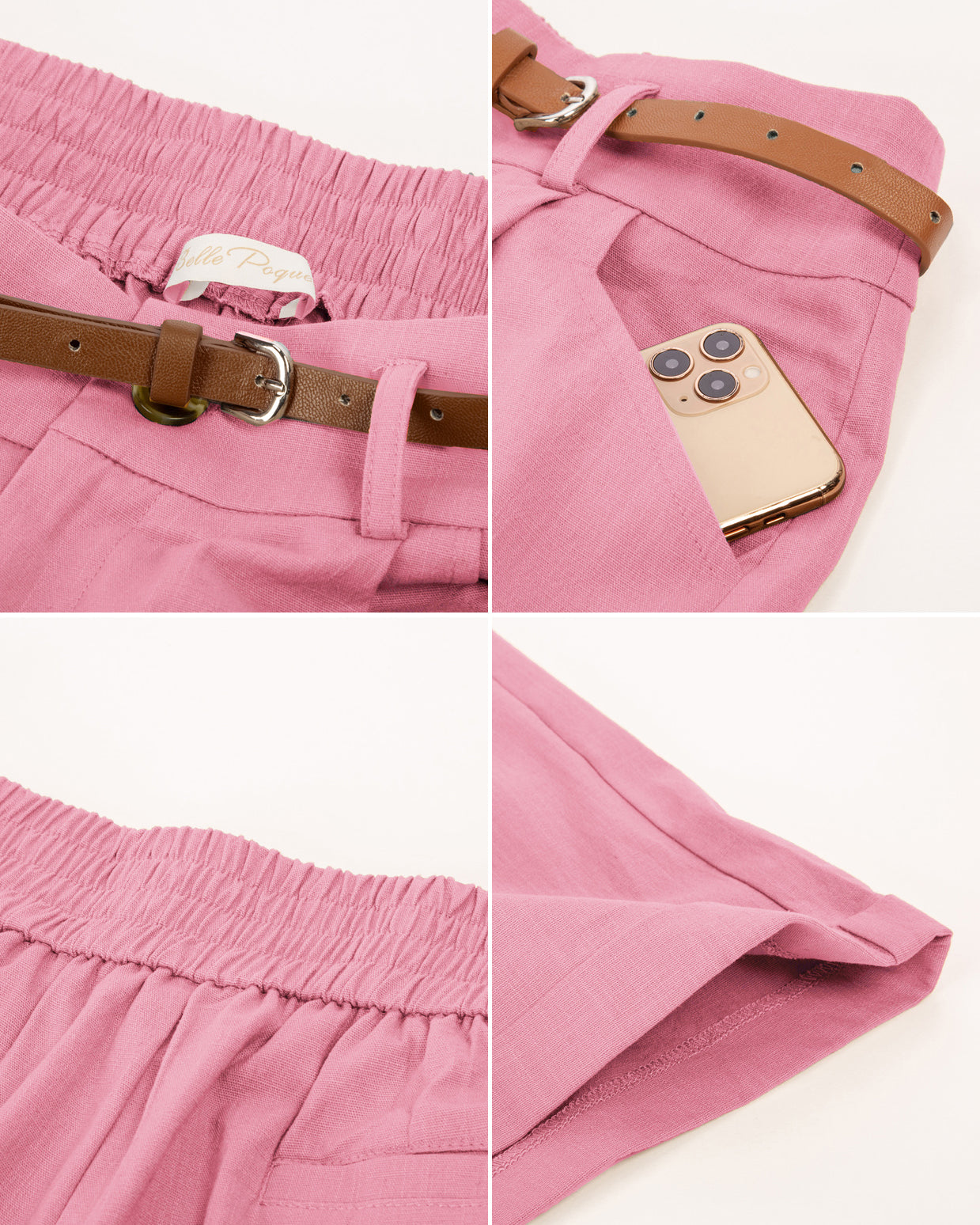 belle poque Elastic Waist Fold-up Leg Opening Cotton Shorts with Belt