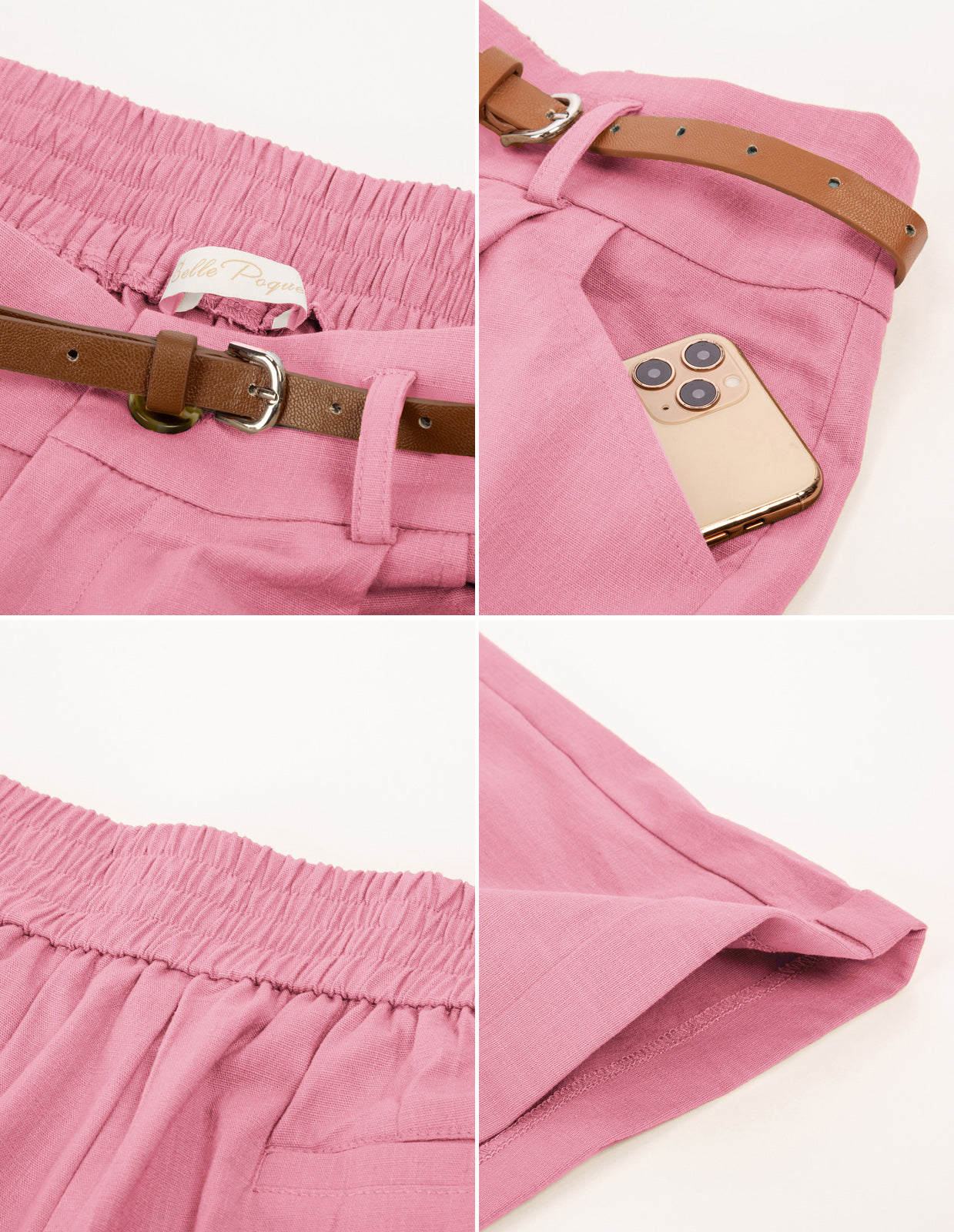 belle poque Elastic Waist Fold-up Leg Opening Cotton Shorts with Belt