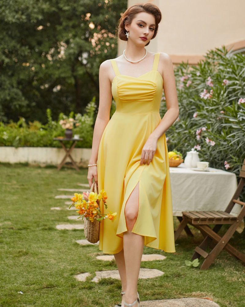 belle poque Vintage 1950s Cocktail Dress Ruched Slit A Line Swing Dress with Pockets