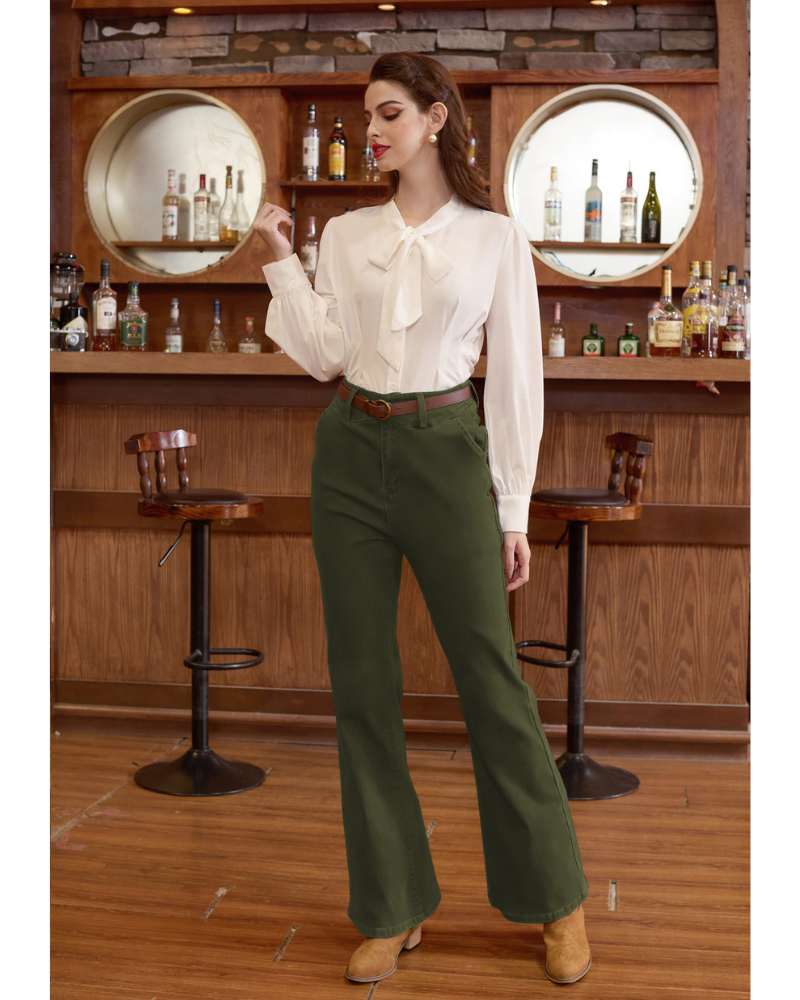 belle poque Seckill Offer⌛Vintage High Waisted Flare Jeans with Belt Bootcut Stretchy Denim Pants