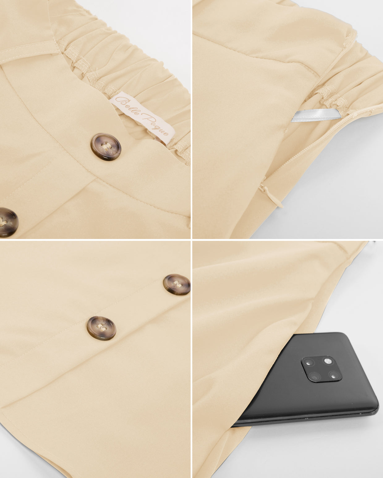 belle poque Swing Skirt with Belt Elastic High Waist Buttons Decorated Skirt