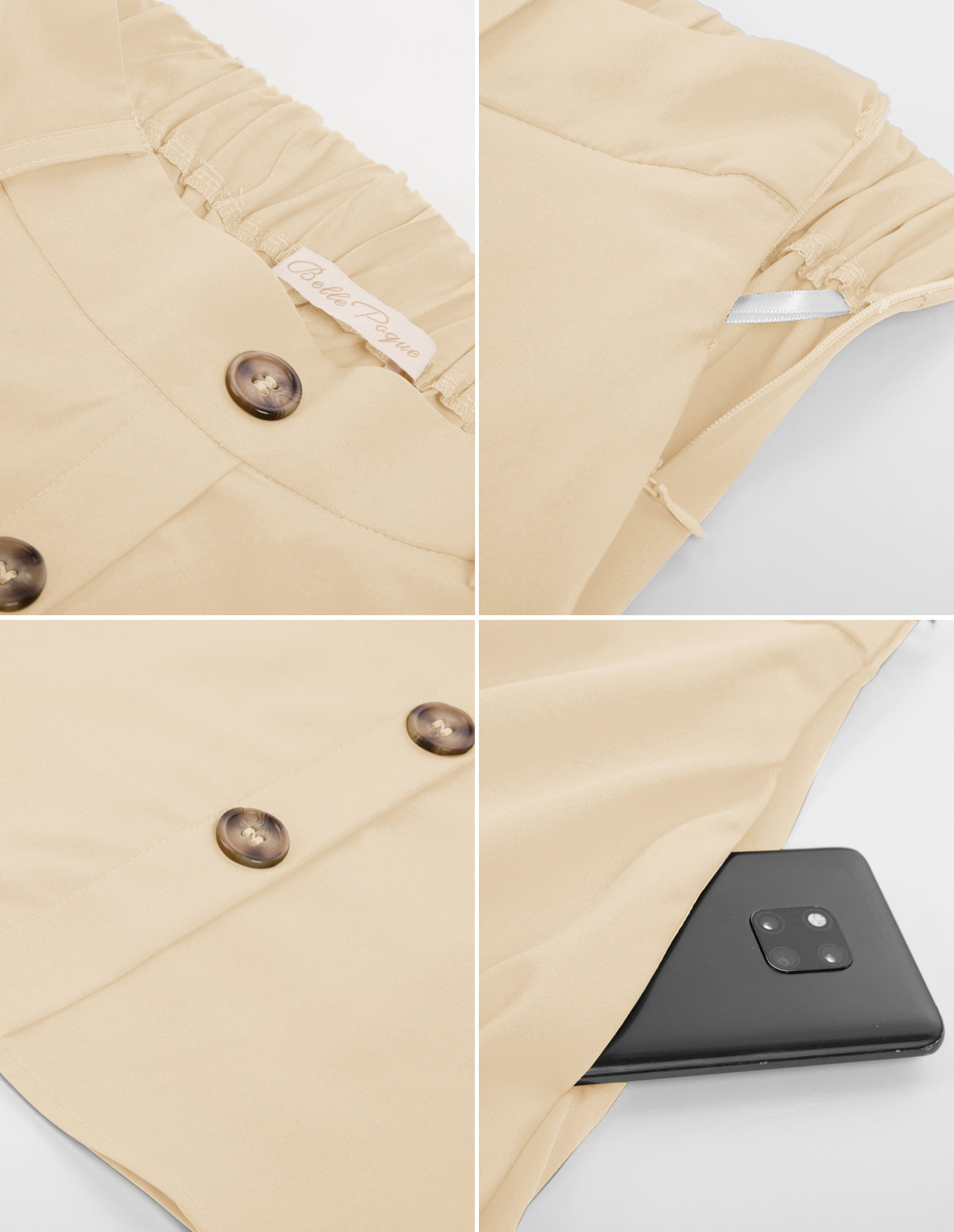 belle poque Swing Skirt with Belt Elastic High Waist Buttons Decorated Skirt