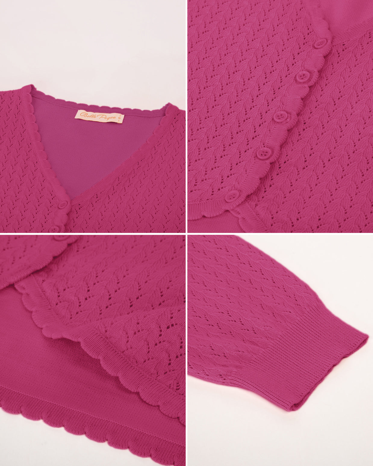 belle poque Hollowed-Out Cardigan 3/4 Sleeve V-Neck Button-up Cropped Knitwear