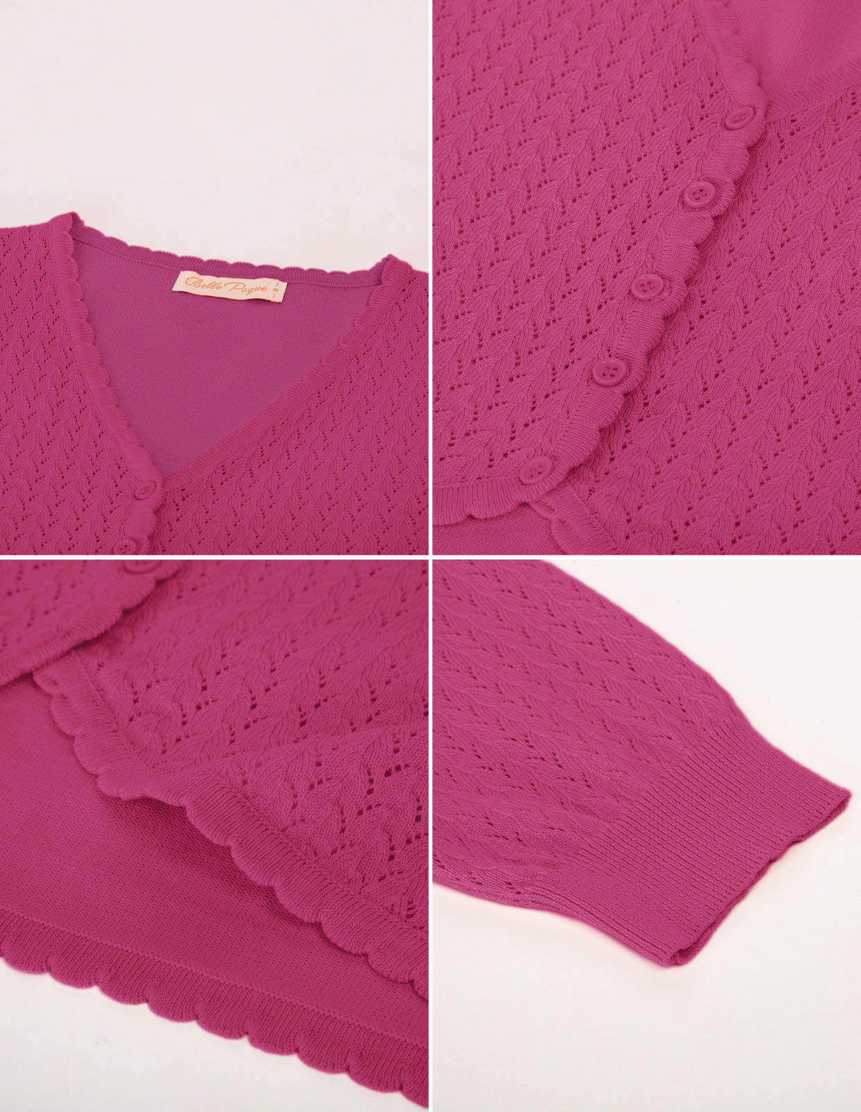 belle poque Hollowed-Out Cardigan 3/4 Sleeve V-Neck Button-up Cropped Knitwear