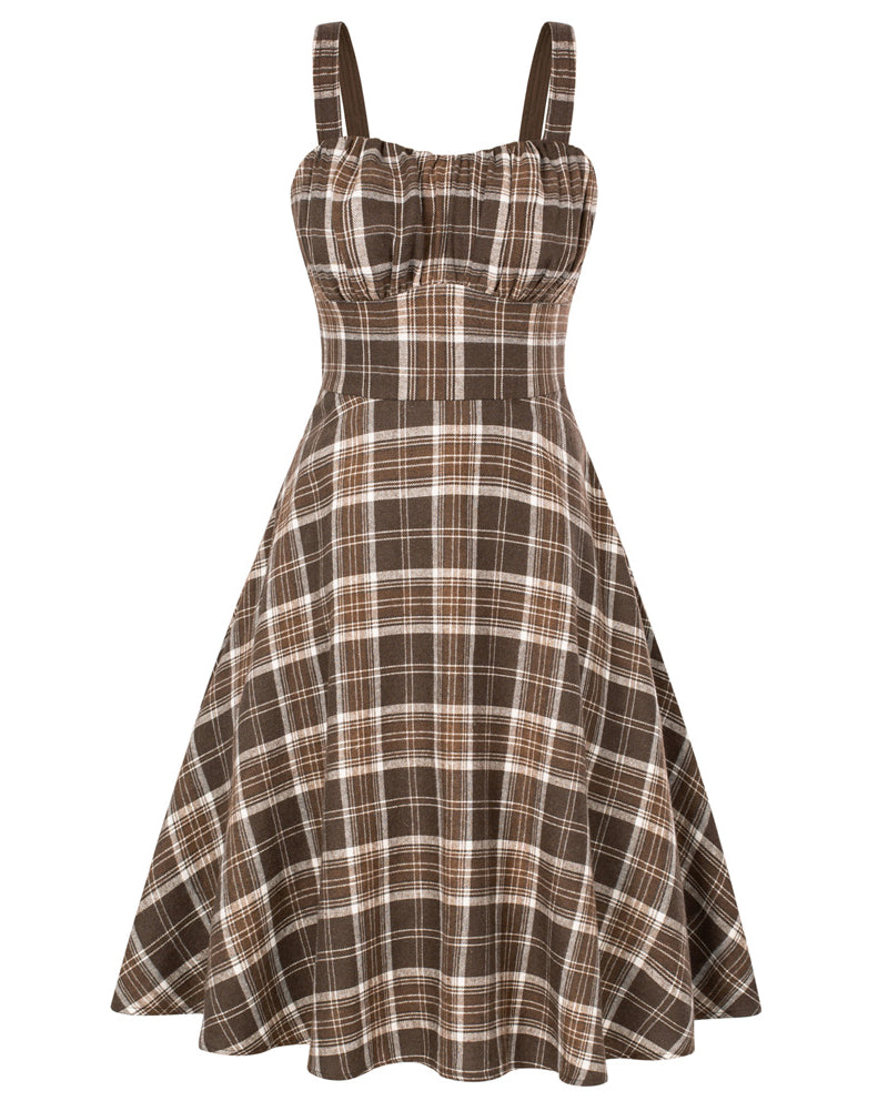 belle poque Vintage Two-Way Defined Waist Dress Ruched Bodice Flared Plaid A-Line Dress Brown