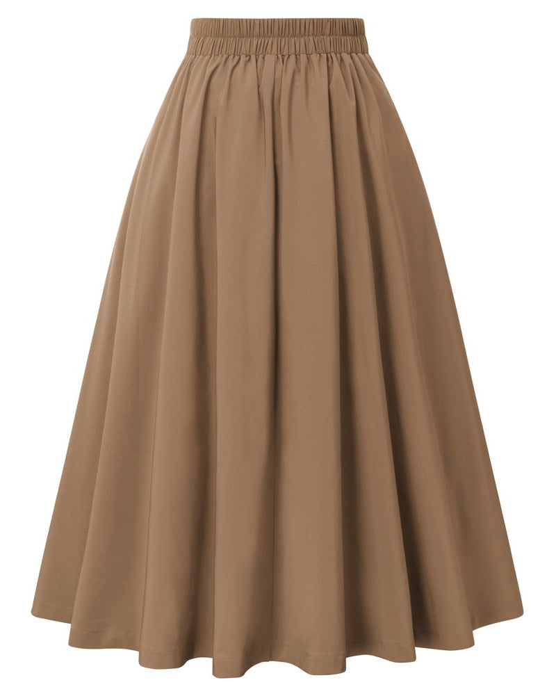 belle poque Women's Vintage Pleated Buttons Elastic Waist High A-Line Skirt