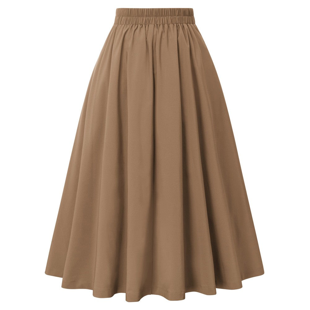 belle poque Women's Vintage Pleated Buttons Elastic Waist High A-Line Skirt
