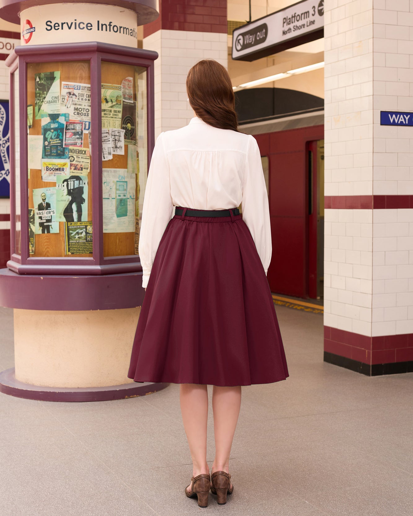 belle poque Swing Skirt with Belt Elastic High Waist Buttons Decorated Skirt