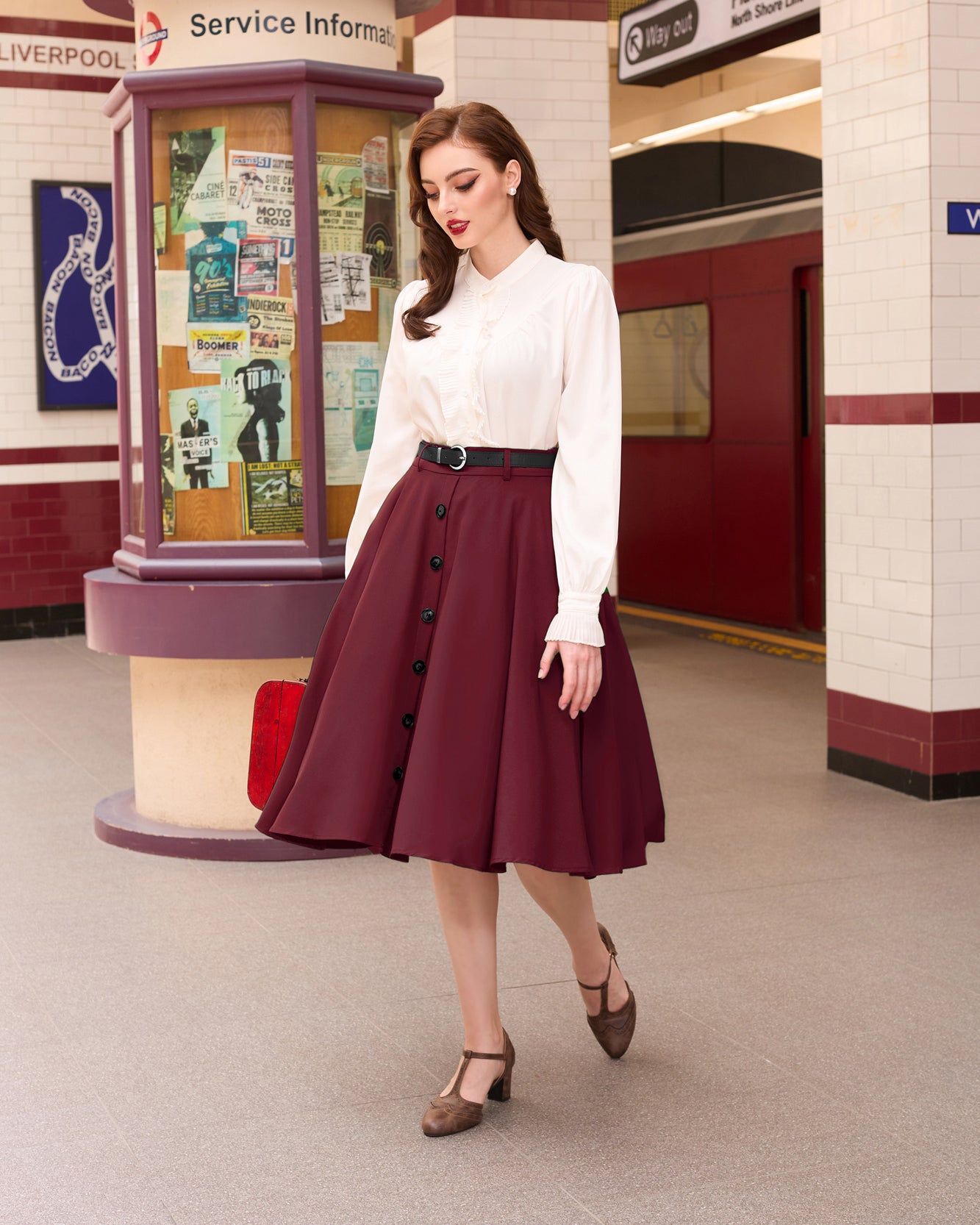 belle poque Swing Skirt with Belt Elastic High Waist Buttons Decorated Skirt