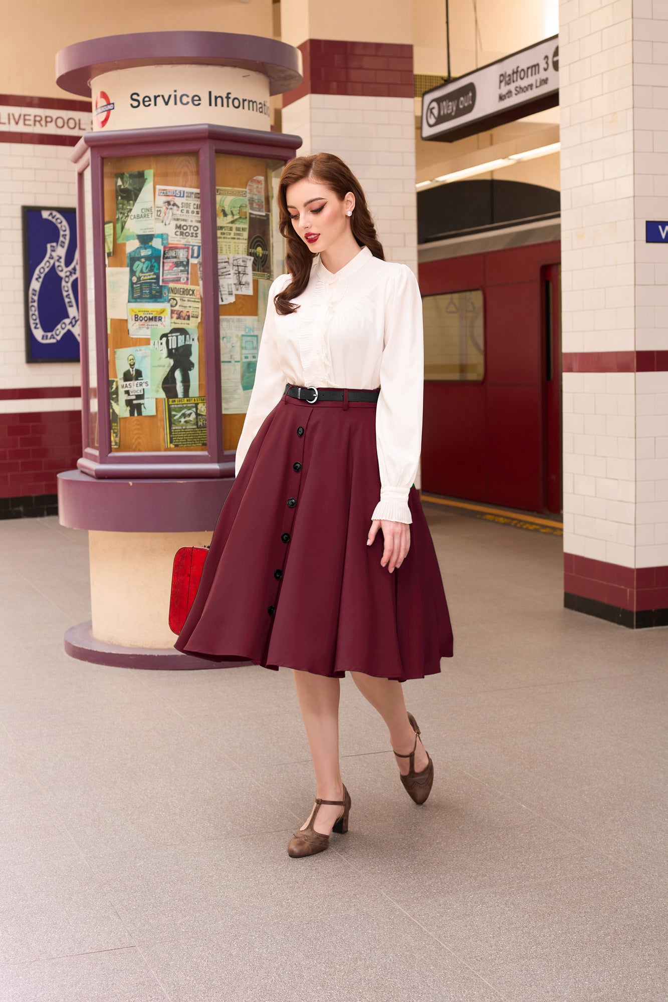 belle poque Swing Skirt with Belt Elastic High Waist Buttons Decorated Skirt