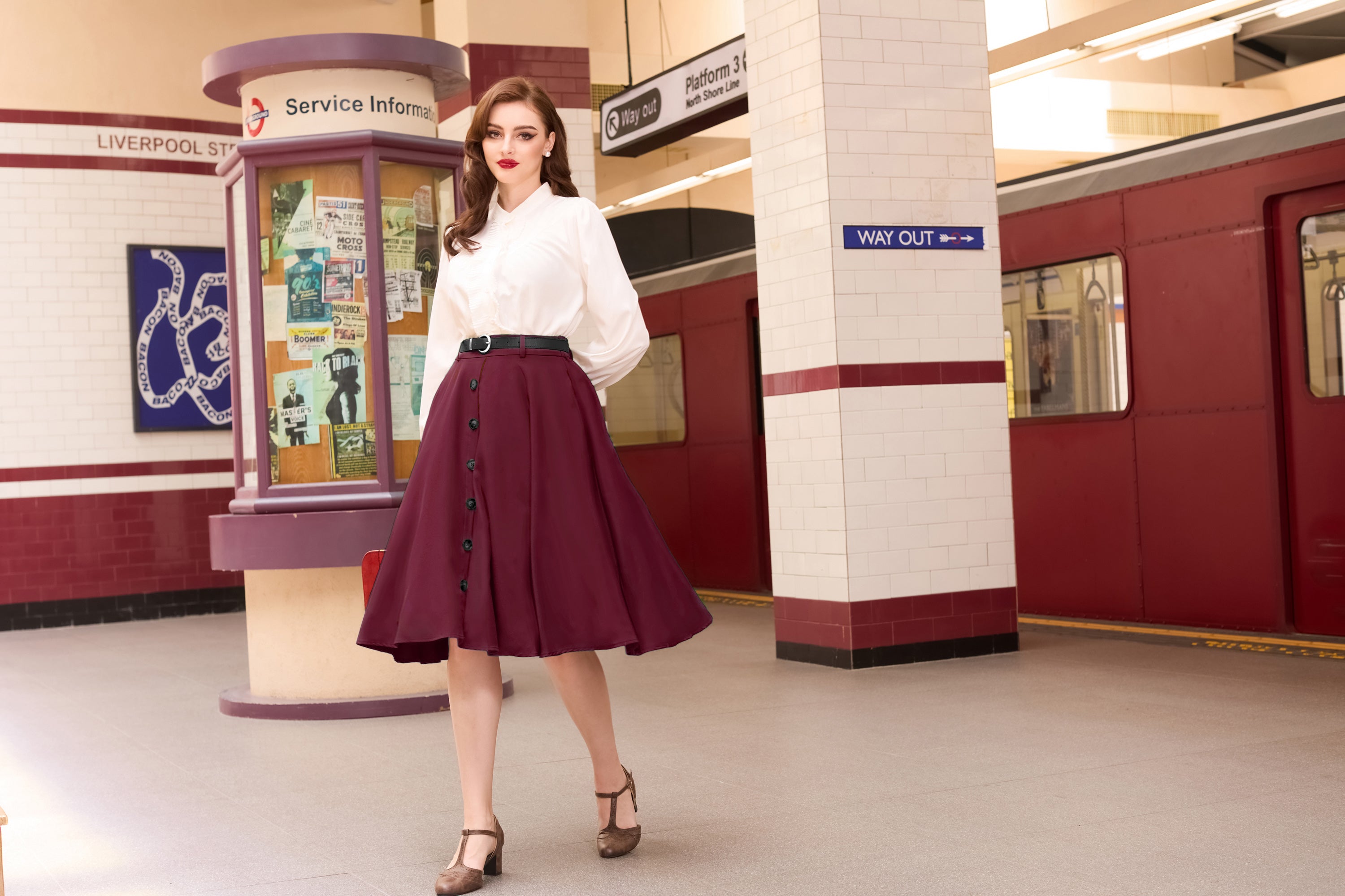 belle poque Swing Skirt with Belt Elastic High Waist Buttons Decorated Skirt