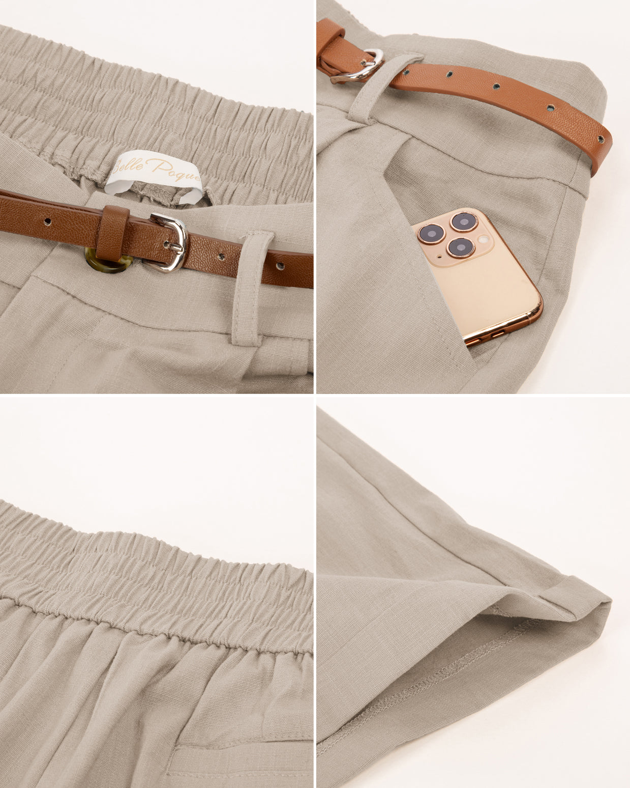 belle poque Elastic Waist Fold-up Leg Opening Cotton Shorts with Belt