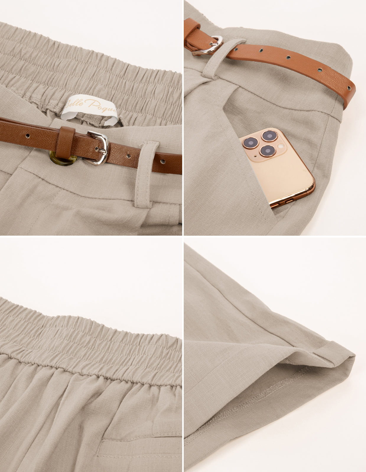 belle poque Elastic Waist Fold-up Leg Opening Cotton Shorts with Belt