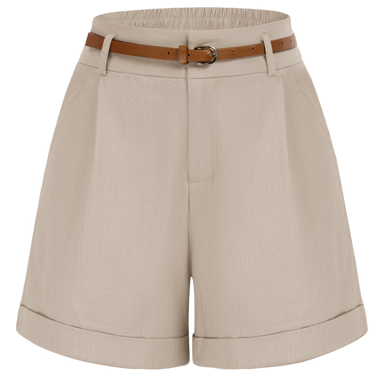 belle poque Elastic Waist Fold-up Leg Opening Cotton Shorts with Belt Light Khaki