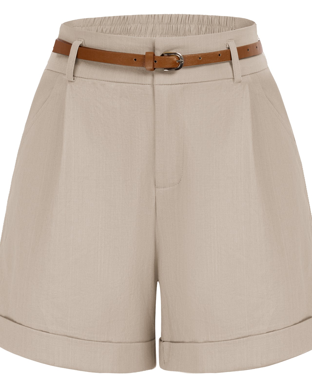 belle poque Elastic Waist Fold-up Leg Opening Cotton Shorts with Belt Light Khaki