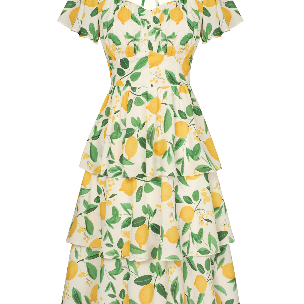 belle poque Floral Print Tiered Ruffle Dress 2026 Summer Vintage A-line Swing Midi Dress Lemon