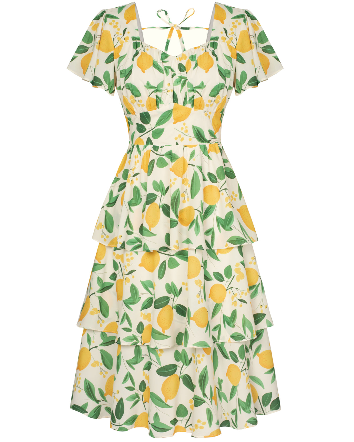 belle poque Floral Print Tiered Ruffle Dress 2026 Summer Vintage A-line Swing Midi Dress Lemon