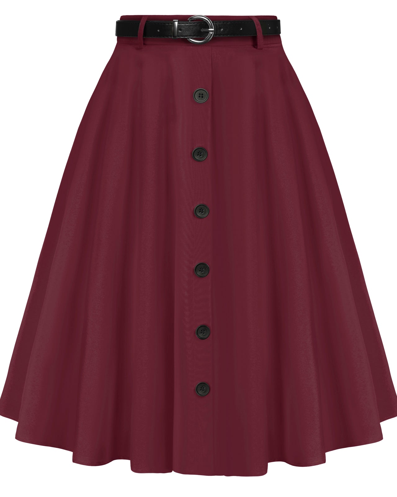 belle poque Swing Skirt with Belt Elastic High Waist Buttons Decorated Skirt Wine red