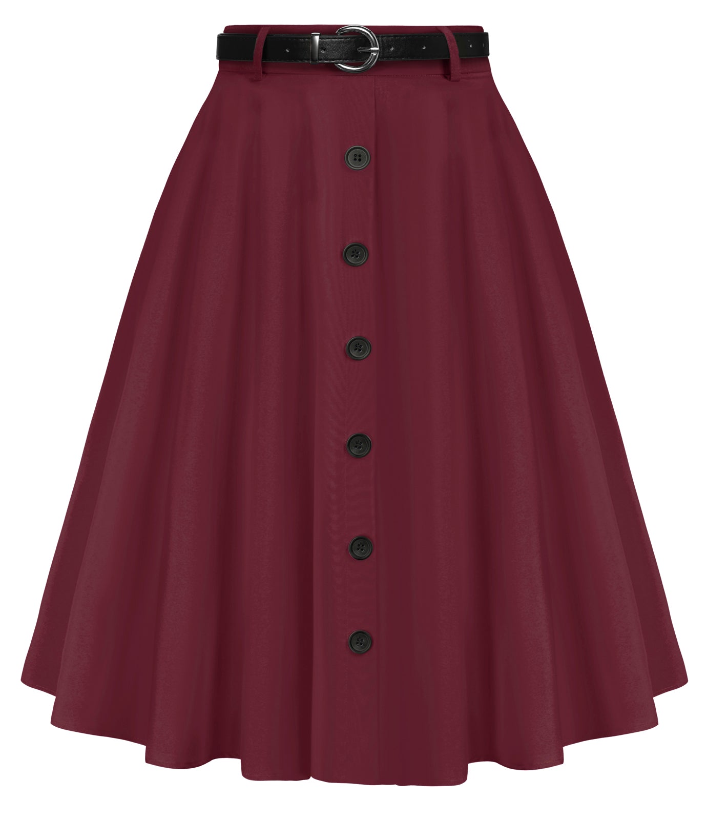 belle poque Swing Skirt with Belt Elastic High Waist Buttons Decorated Skirt Wine red