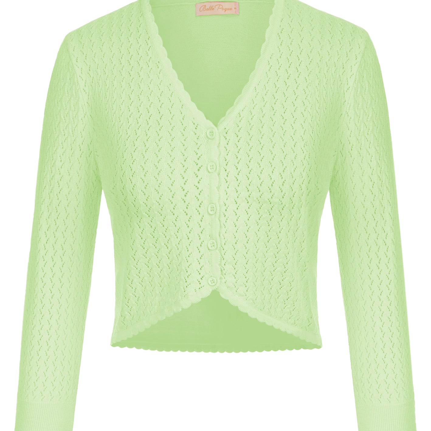 belle poque Hollowed-Out Cardigan 3/4 Sleeve V-Neck Button-up Cropped Knitwear Light Green