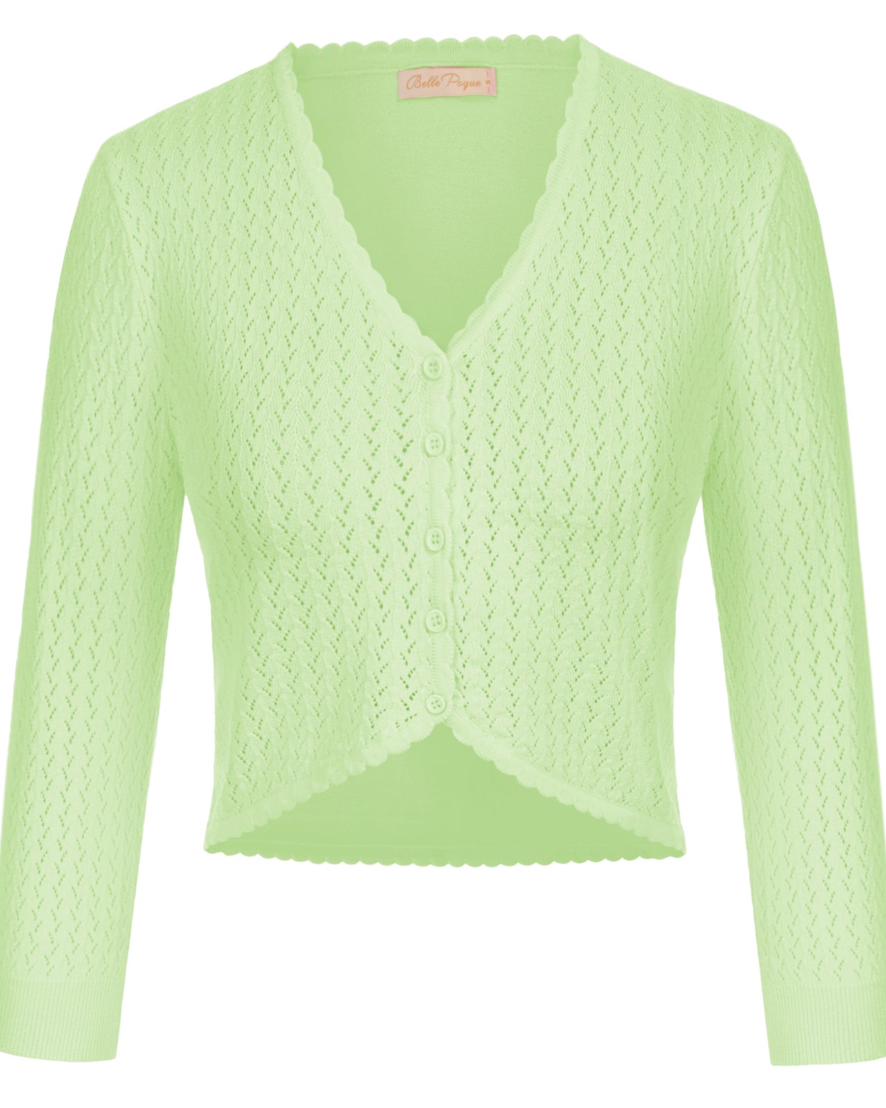 belle poque Hollowed-Out Cardigan 3/4 Sleeve V-Neck Button-up Cropped Knitwear Light Green
