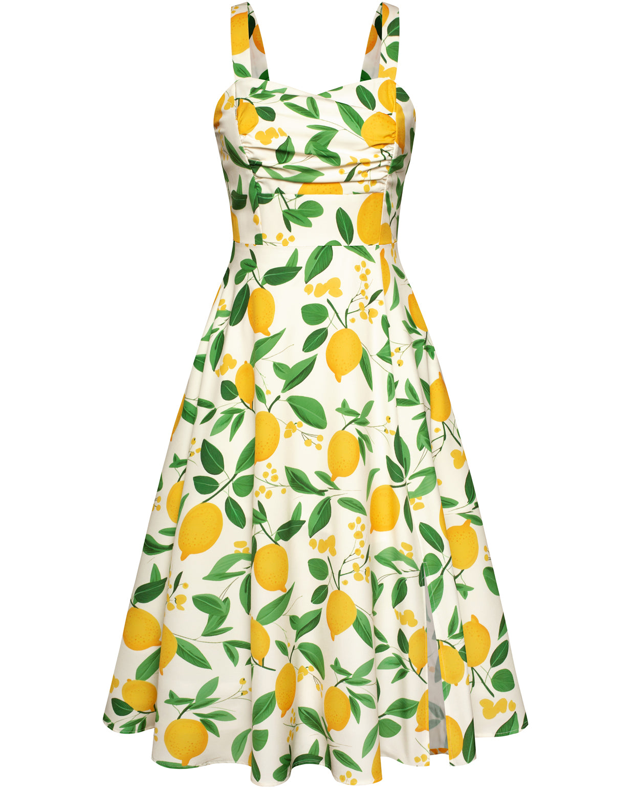 belle poque Vintage 1950s Cocktail Dress Ruched Slit A Line Swing Dress with Pockets Lemon