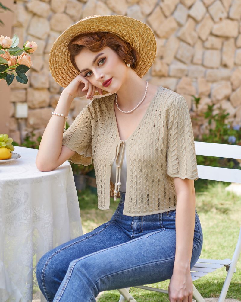 belle poque Summer Lightweight Bolero Shrug Tie Front 1/2 Sleeve Open Front Knit Cropped Cardigan