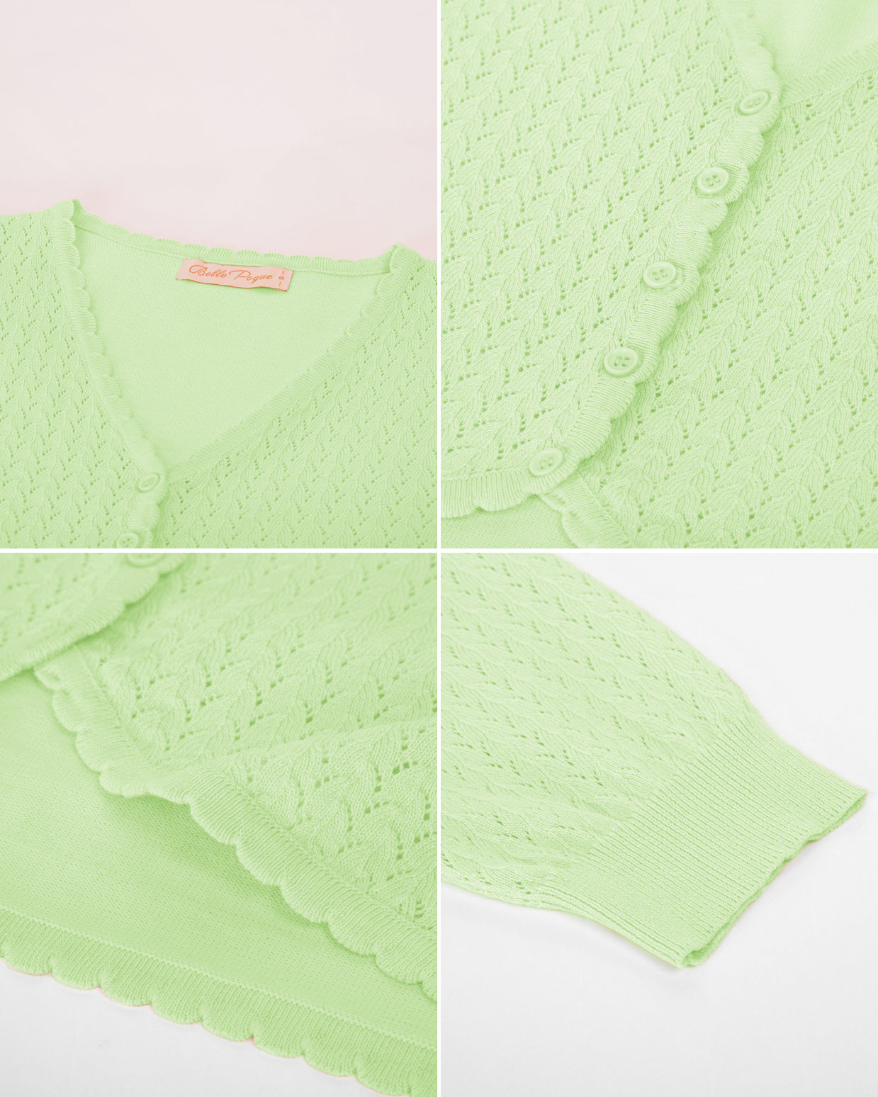 belle poque Hollowed-Out Cardigan 3/4 Sleeve V-Neck Button-up Cropped Knitwear