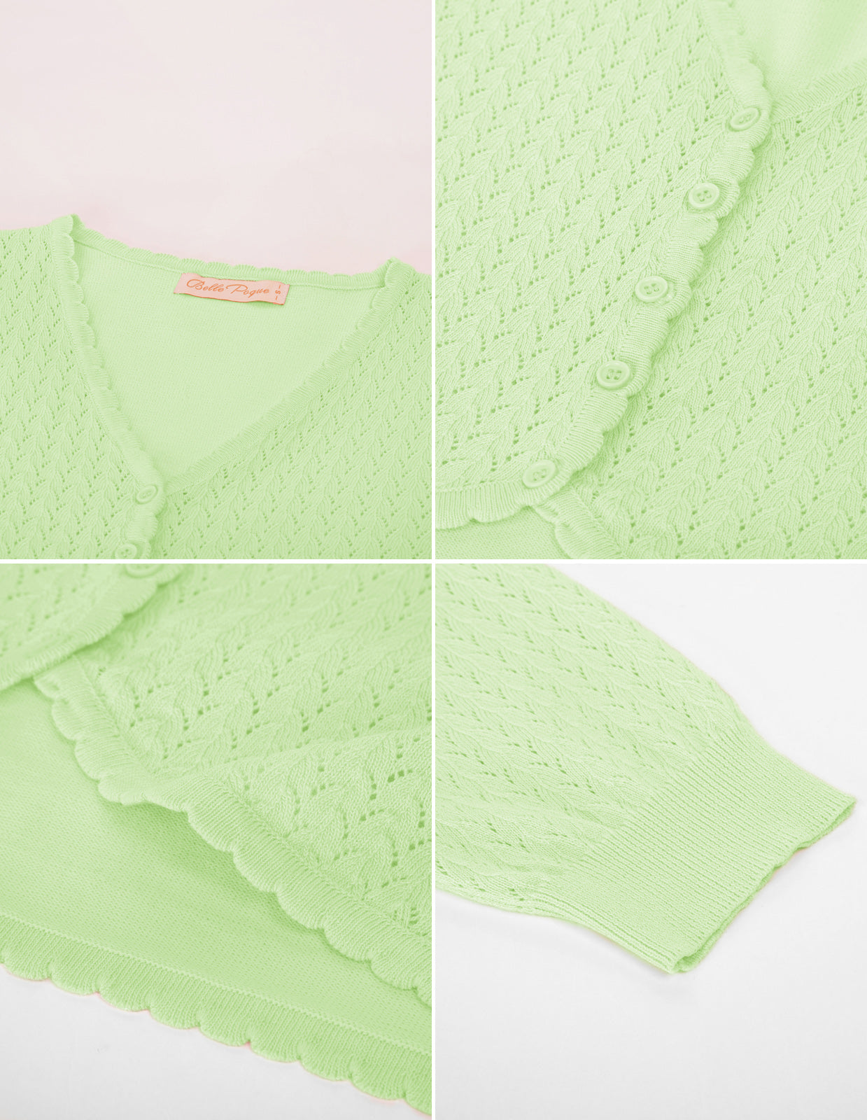 belle poque Hollowed-Out Cardigan 3/4 Sleeve V-Neck Button-up Cropped Knitwear