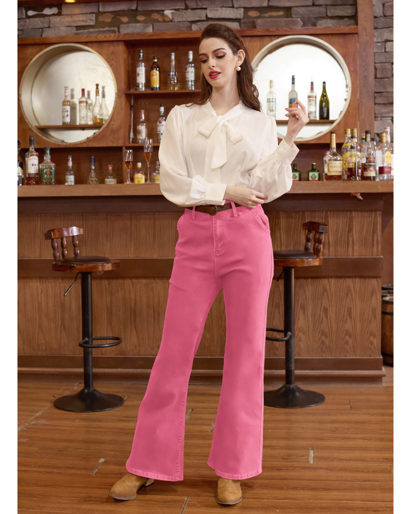 belle poque Seckill Offer⌛Vintage High Waisted Flare Jeans with Belt Bootcut Stretchy Denim Pants