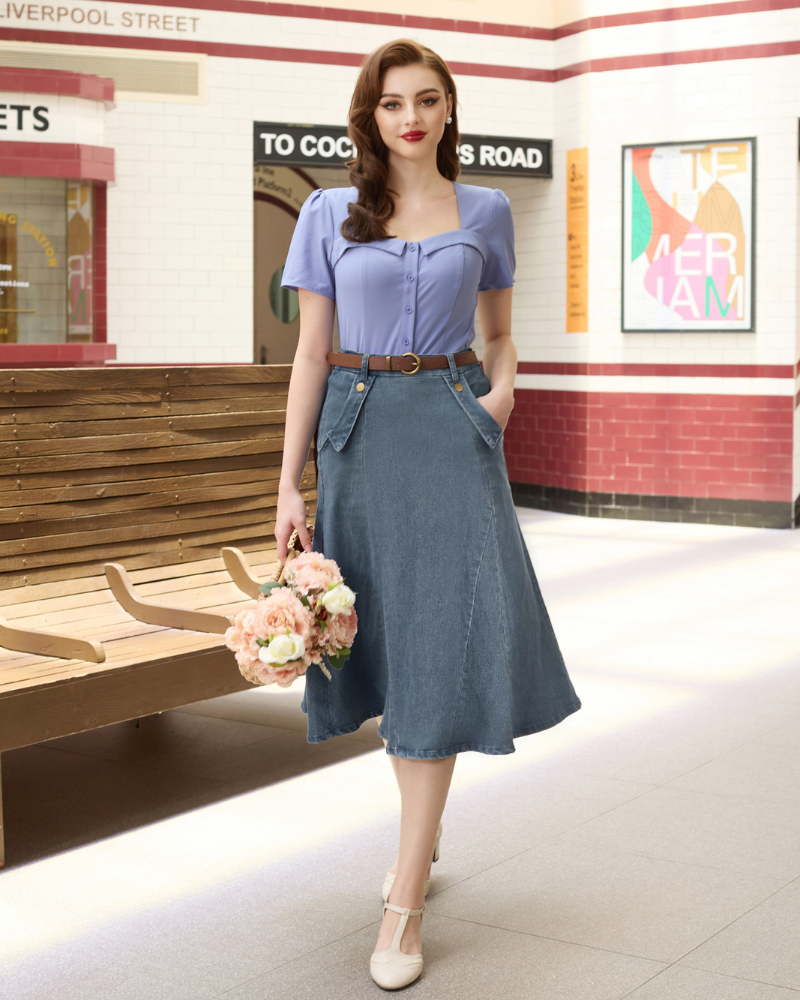 belle poque Denim Skirts Knee Length Vintage Elastic High Waist A-Line Midi Jean Skirts with Pockets