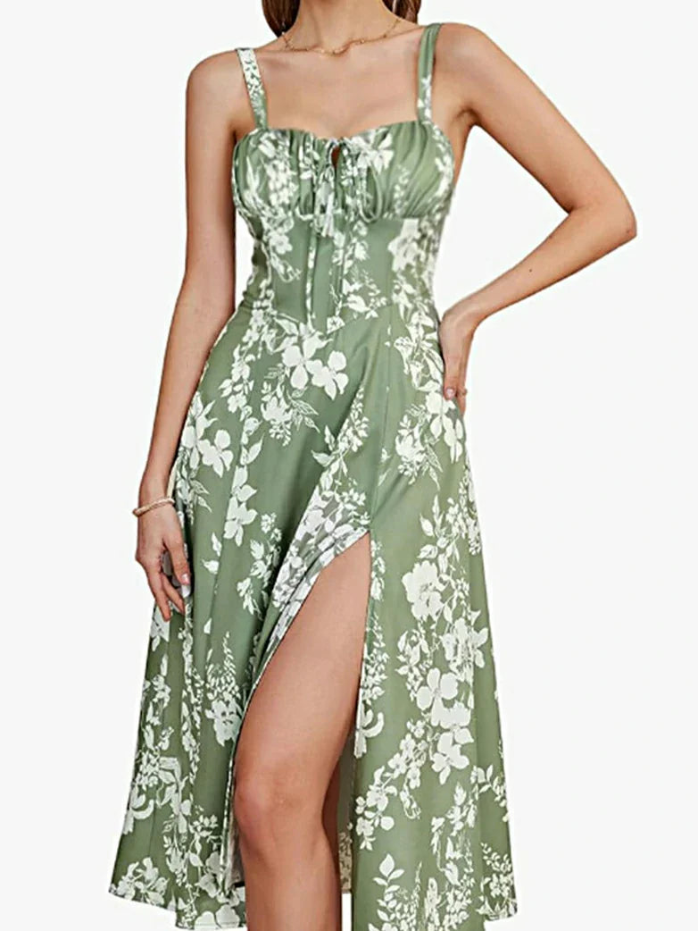 belle poque 2025 Ruched Bust Split Thigh Cami Sundress Green