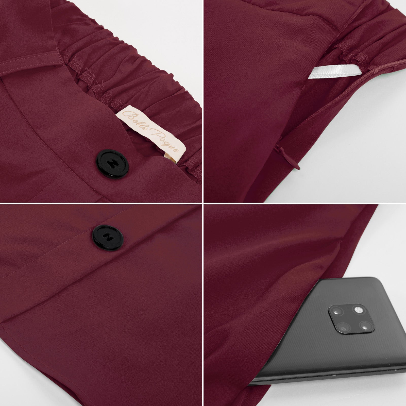 belle poque Swing Skirt with Belt Elastic High Waist Buttons Decorated Skirt