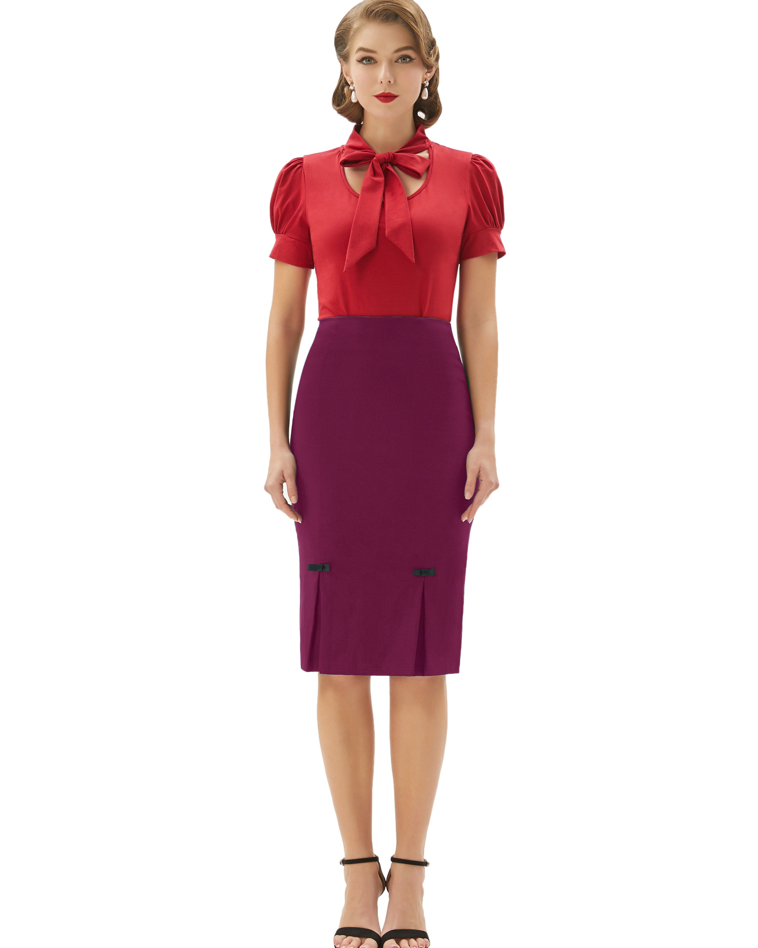 belle poque Vintage Bow-Knot Decorated Hips-Wrapped Bodycon Pencil Skirt