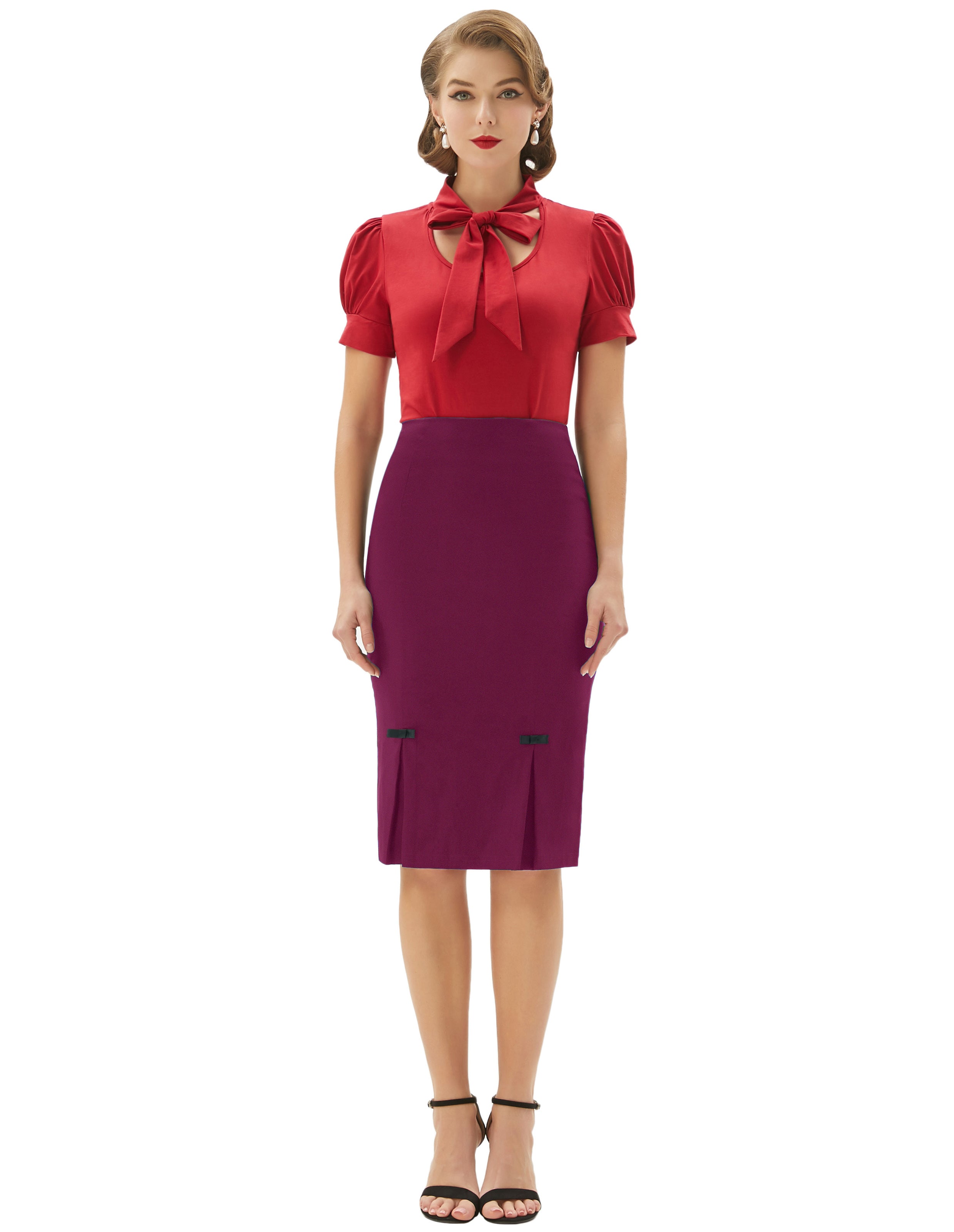 belle poque Vintage Bow-Knot Decorated Hips-Wrapped Bodycon Pencil Skirt