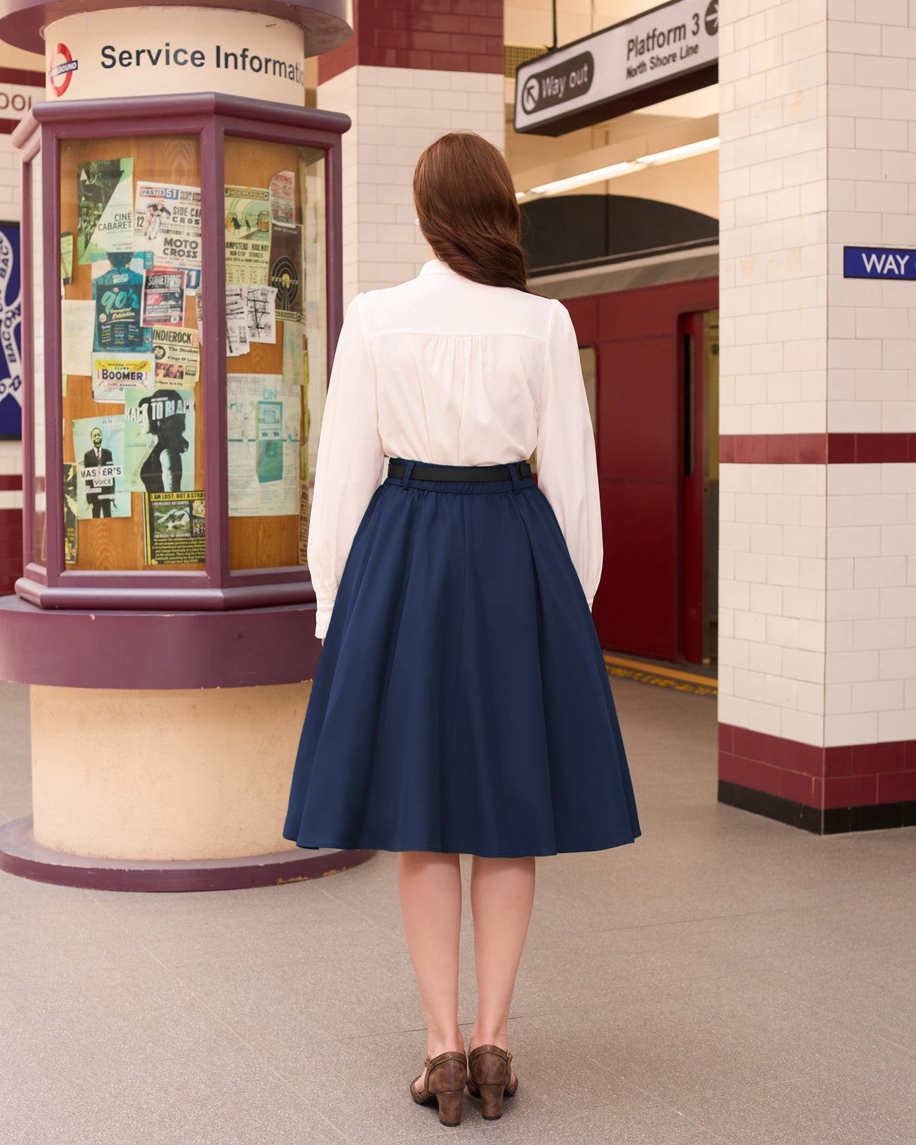 belle poque Swing Skirt with Belt Elastic High Waist Buttons Decorated Skirt