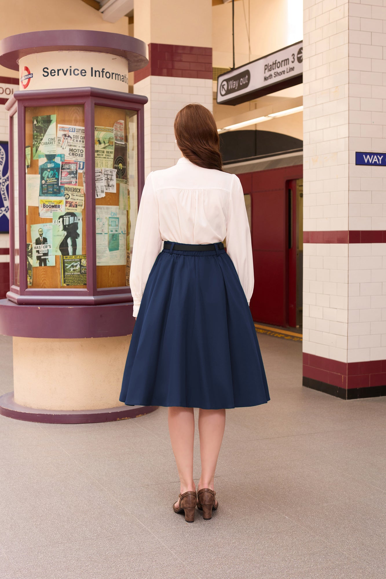 belle poque Swing Skirt with Belt Elastic High Waist Buttons Decorated Skirt