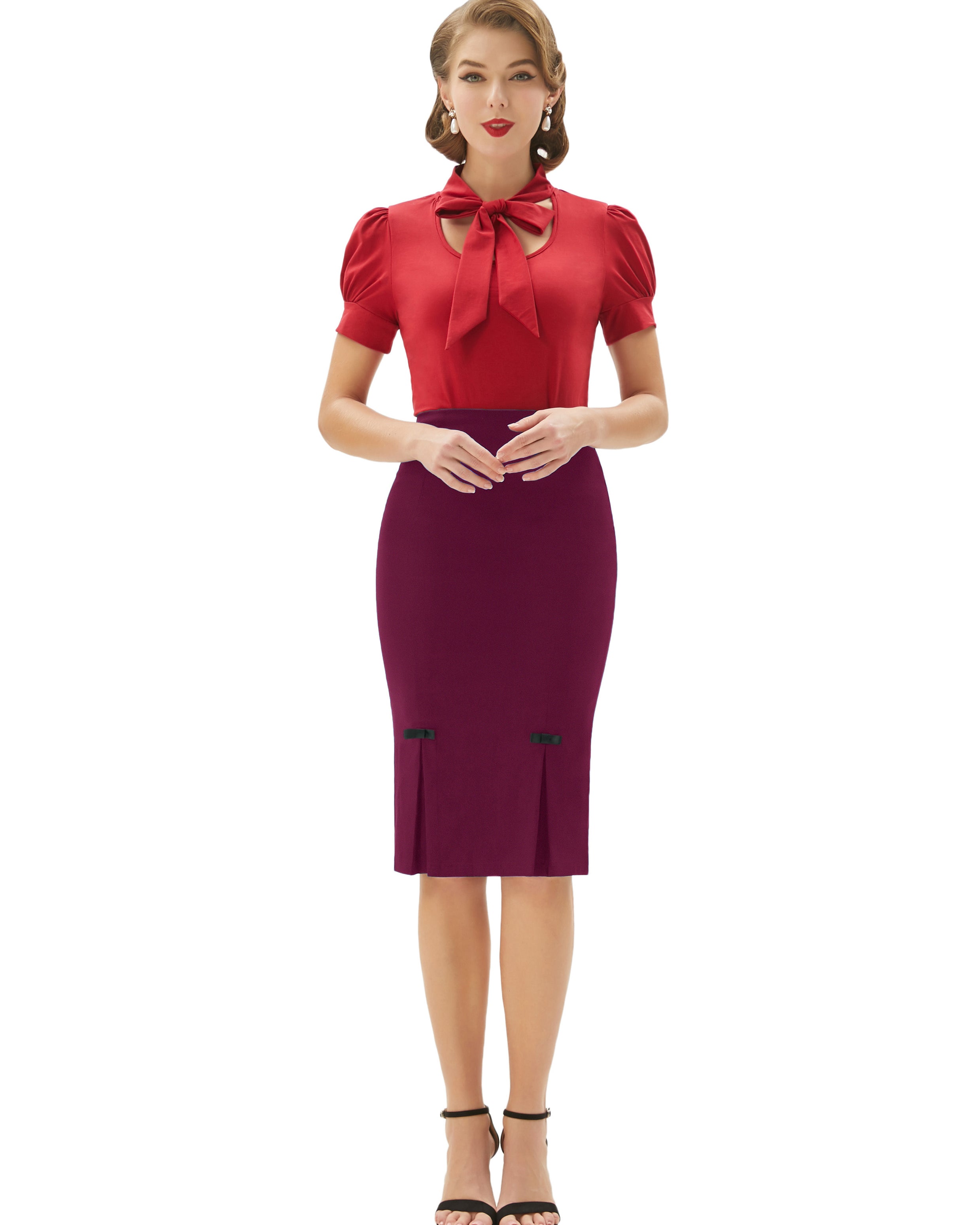 belle poque Vintage Bow-Knot Decorated Hips-Wrapped Bodycon Pencil Skirt