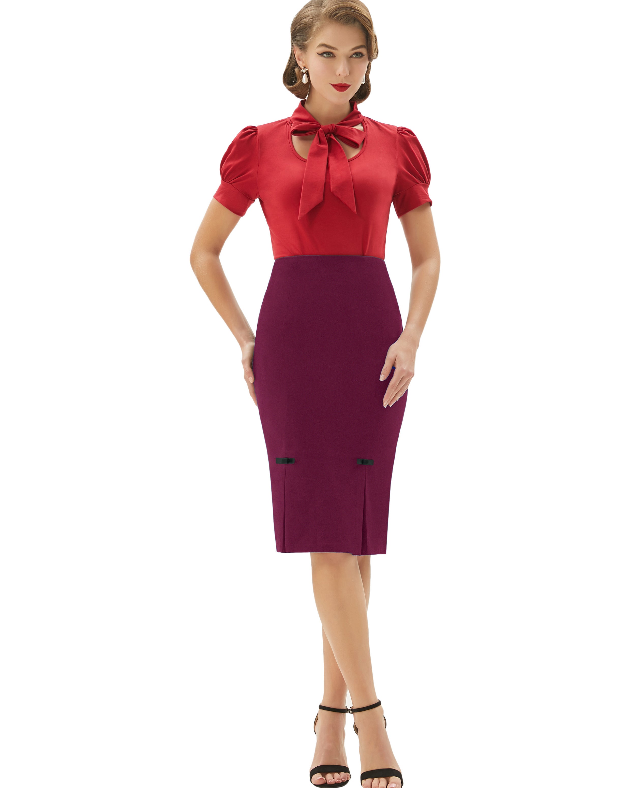 belle poque Vintage Bow-Knot Decorated Hips-Wrapped Bodycon Pencil Skirt