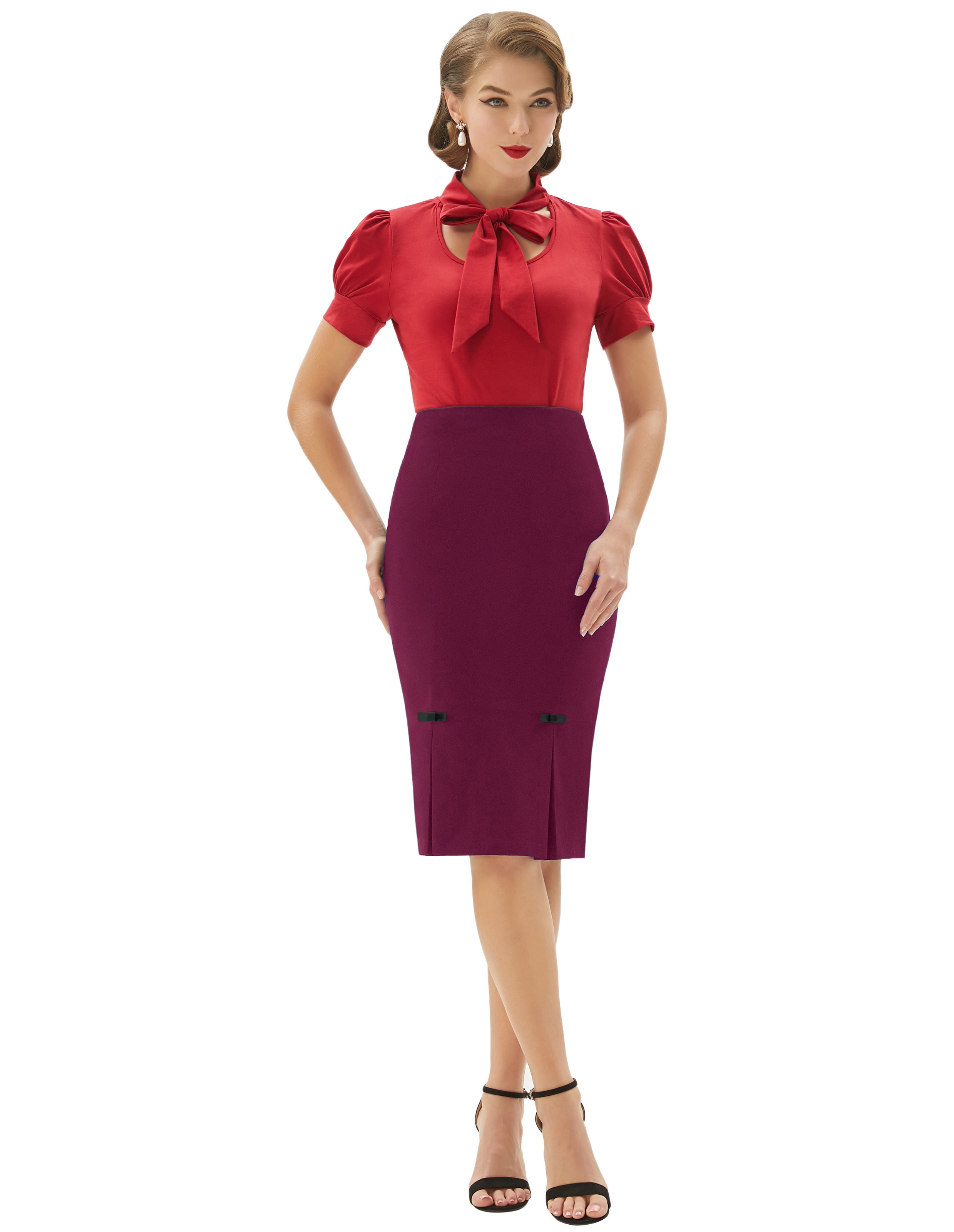 belle poque Vintage Bow-Knot Decorated Hips-Wrapped Bodycon Pencil Skirt