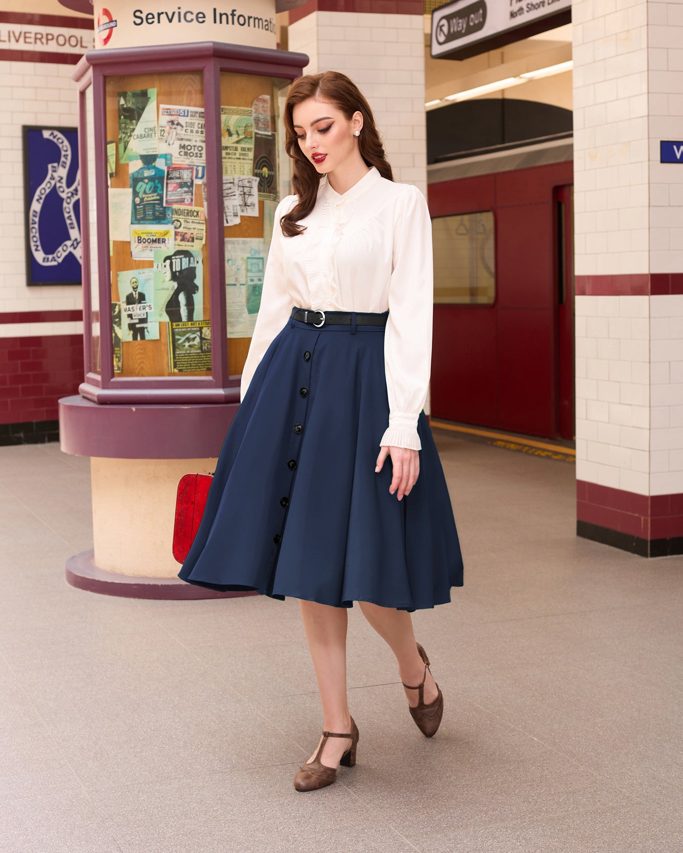 belle poque Swing Skirt with Belt Elastic High Waist Buttons Decorated Skirt