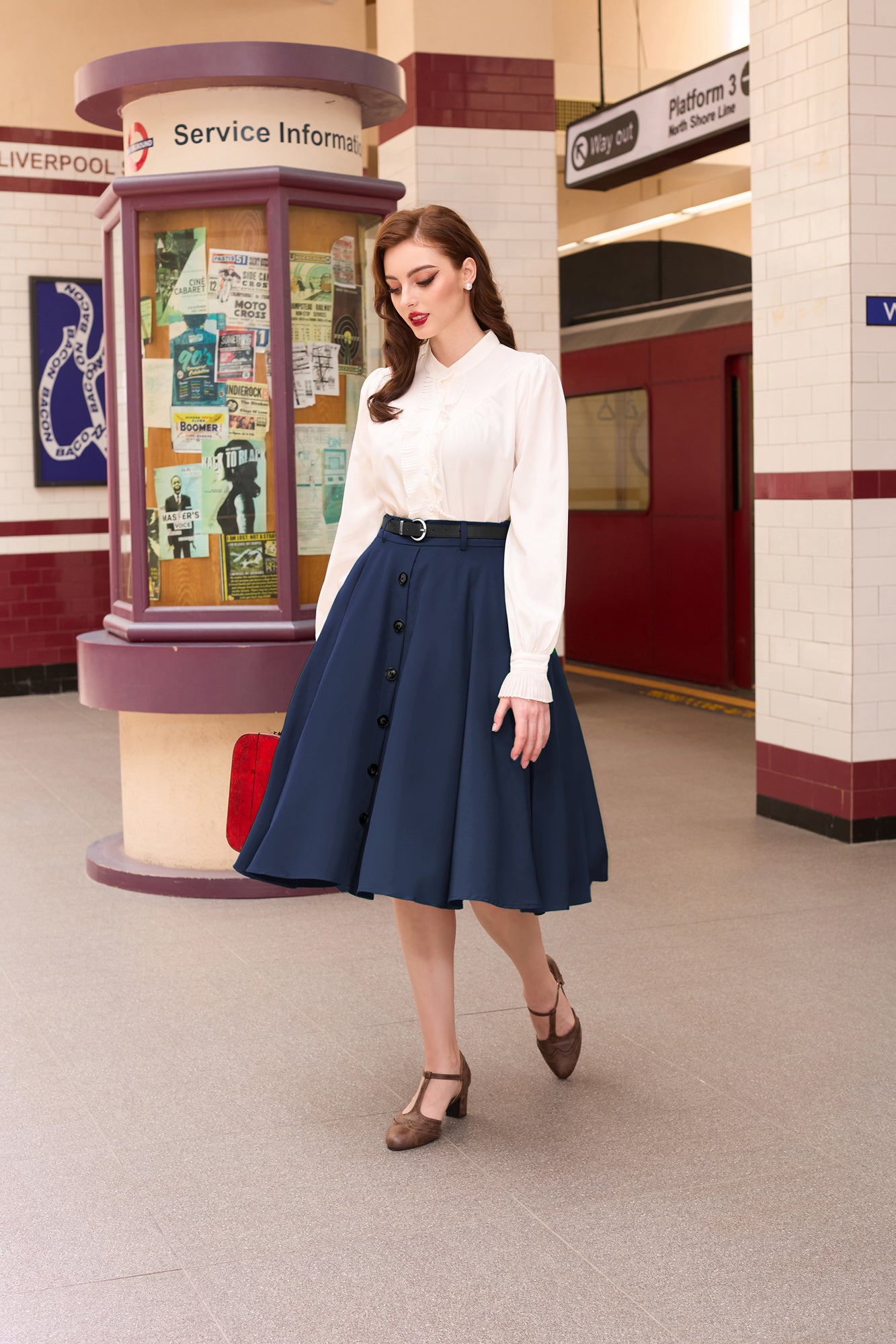 belle poque Swing Skirt with Belt Elastic High Waist Buttons Decorated Skirt