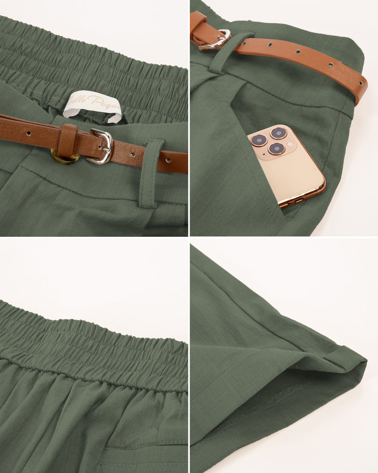 belle poque Elastic Waist Fold-up Leg Opening Cotton Shorts with Belt