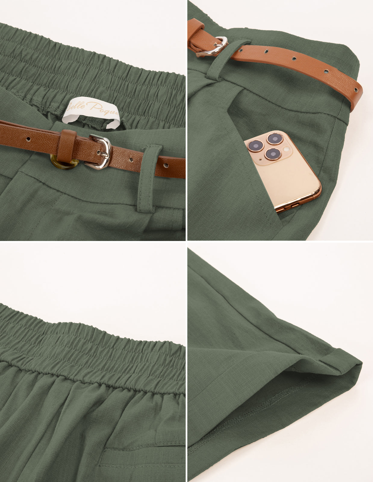 belle poque Elastic Waist Fold-up Leg Opening Cotton Shorts with Belt