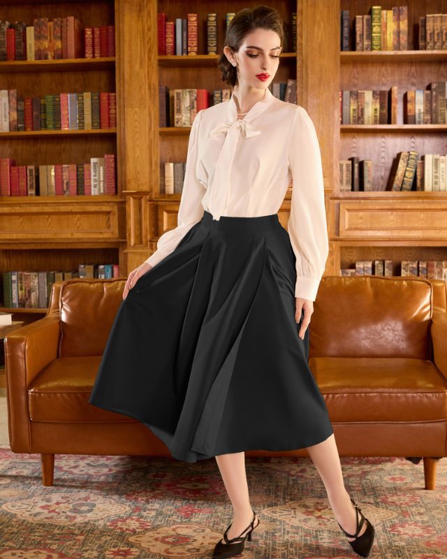 belle poque Vintage Skirts with Side Slit High Waisted Midi A-Line Flowy Skirts with Pockets